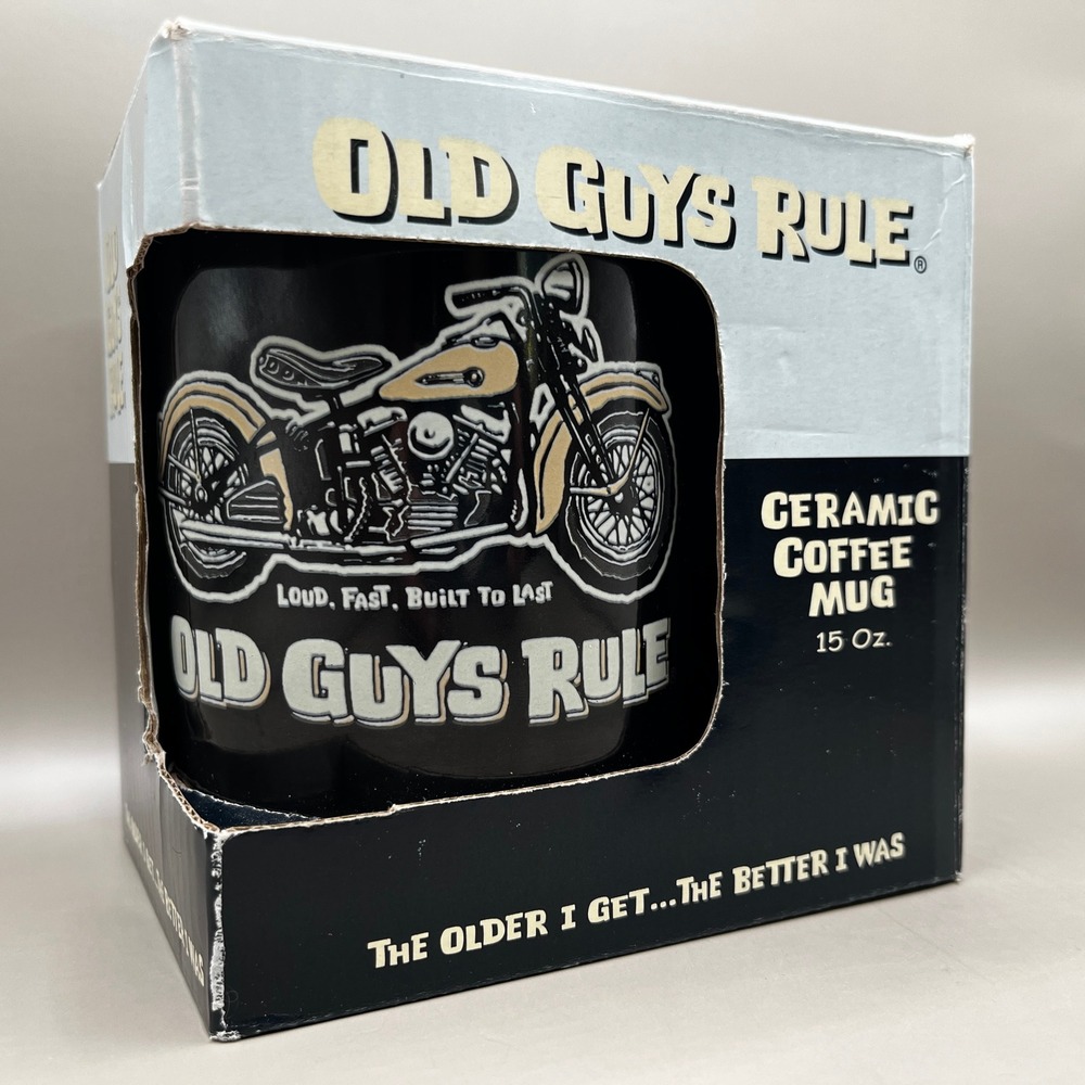 Old Guys Rule Pan Head Motorcycle‎ Ceramic Coffee Mug 15 Oz Black New in Box